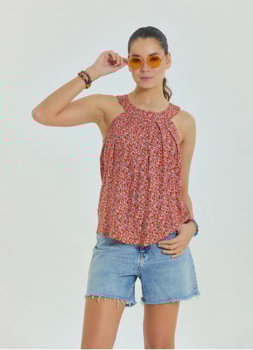 Halter Neck Button Detail Pleated Pink Floral Blouse 4675